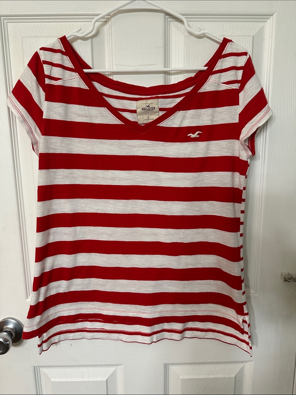 Hollister Red & White Striped V-Neck Tee